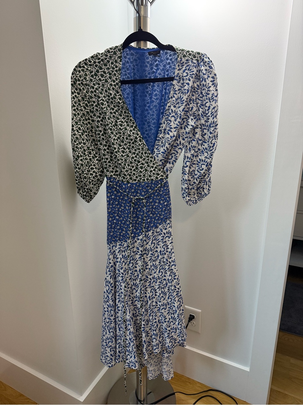 Ann Taylor Blue and Green Mixed Print Wrap Midi Dress